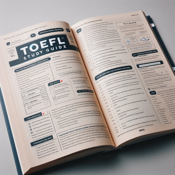 Geopende TOEFL Studiegids van Sportbeurs Amerika, met zichtbare pagina's over teststrategieën en oefenmateriaal